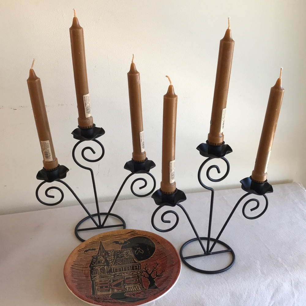 Set of 2 candelabras 6 candles Black wrought iron holder Harvest gold wax candle